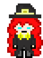 a pixel art of a girl with red hair wearing a hat