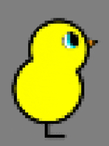 a pixel art drawing of a yellow chick with blue eyes