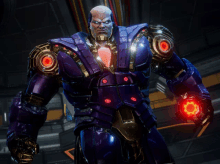 a purple robot with red lights on his arms and chest