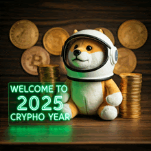 a stuffed dog wearing an astronaut helmet holds a sign that says welcome to 2025