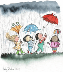 a drawing of children holding umbrellas in the rain with the year 2009