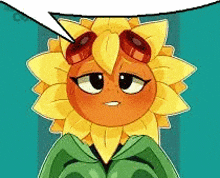 a cartoon of a sunflower wearing goggles and a green leaf .