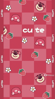 lotso bear and strawberries on a checkered background with the word cute