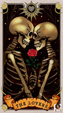 a couple of skeletons holding a rose with the words " the lovers " written on the bottom