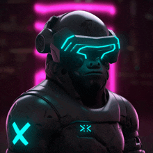 a gorilla wearing a helmet and headphones with a neon x on his arm