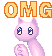 a pixel art of a pink cat with the word omg on it .