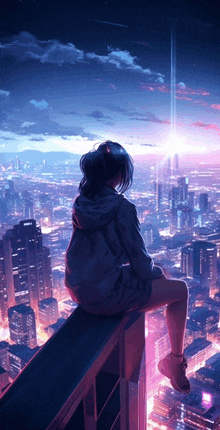 a girl is sitting on the edge of a building overlooking a city at night