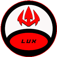 a red and black circle with the word lux on the bottom