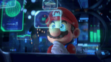 a video game character named mario is looking at something