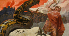 a painting of a man fighting a large snake with a hammer