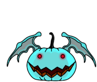 a drawing of a pumpkin with wings and red eyes