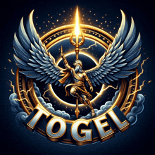 a logo for a company called togel with a statue of zeus holding a trident