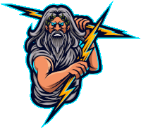 a man with a beard is holding a lightning bolt in his right hand