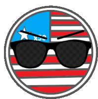 a smiley face with sunglasses and a flag in the background