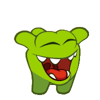 a green cartoon character is laughing with his mouth open