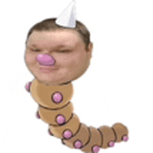 a worm with a man 's face on it and a party hat on it .