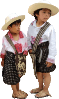 a boy wearing a straw hat stands next to a girl wearing a white shirt and black skirt