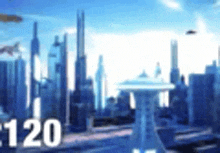 a futuristic city with a lot of tall buildings and planes flying over it .