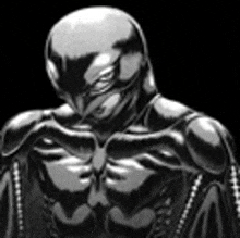 a black and white drawing of a man in a superhero costume with his eyes closed .