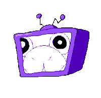 a pixel art drawing of a purple television with a cartoon face on it