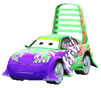 a purple and green toy car with graffiti on the side of it