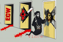 a grim reaper is holding a bat in front of a door that says vince on it