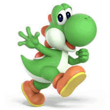 yoshi is a green dinosaur from the video game super mario bros . he is wearing orange boots and waving .