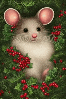 a mouse is sitting in a pile of holly berries .