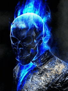 a ghost rider with blue flames coming out of his head is wearing a suit .