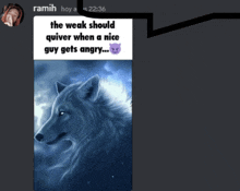 a picture of a wolf with a caption that says " the weak should quiver when a nice guy gets angry "