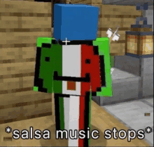 a minecraft character wearing a mexican flag outfit is standing in front of a wooden wall .