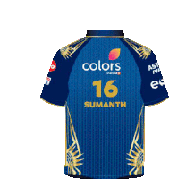 the back of a blue jersey with the number 16 sumanth on it