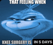 a picture of a grinch with a caption that says that feeling when knee surgery is in 5 days