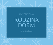 a blue background with snowflakes and the words happy new year rodina dorm