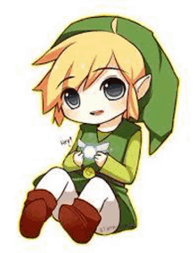 a chibi drawing of a link from the legend of zelda is sitting down holding a piece of paper .