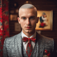 a man in a suit has a red bow tie on