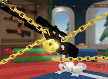 a screenshot of a video game shows a gold chain around a gun