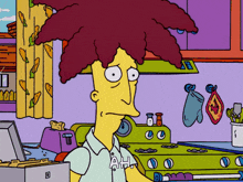 a cartoon character with red hair says ah in front of a stove