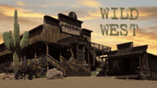 a wild west saloon with a cactus in the foreground