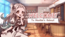 a cartoon girl is sitting in front of a sign that says welcome to masthie 's galaxy