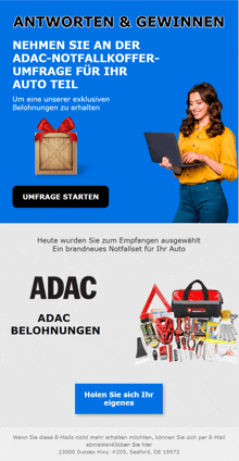 an ad for adac shows a woman holding a laptop and a box with a bow