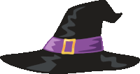 a black witch hat with a purple belt