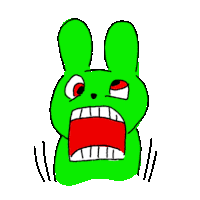 a cartoon drawing of a green rabbit with its mouth open