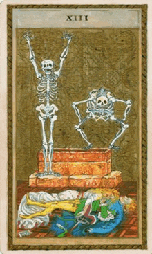 a tarot card with two skeletons on it and the number xiii on the bottom