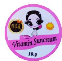 a pink and white sticker that says vitamin suncream 10g