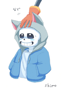 a drawing of a skeleton wearing a cat hoodie with a hand on his head