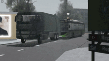 a man truck is driving down the street next to a green bus