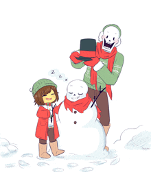 a cartoon drawing of a snowman being built by a family