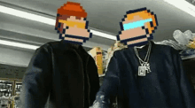 two men are standing next to each other with pixelated faces on their heads .