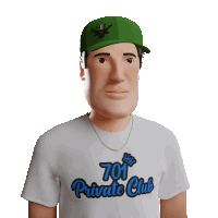 a man wearing a green hat and a shirt that says private club